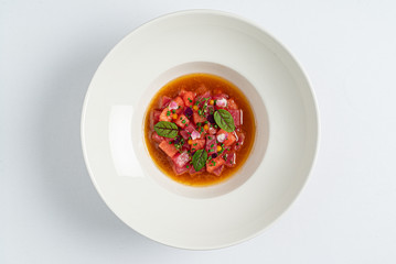 beetroot soup on the white plate