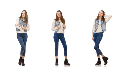 Pretty girl in jeans clothing isolated on white