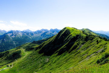 Obraz premium Panorama view on mountain landscapes at Fellhorn peak, Germany.