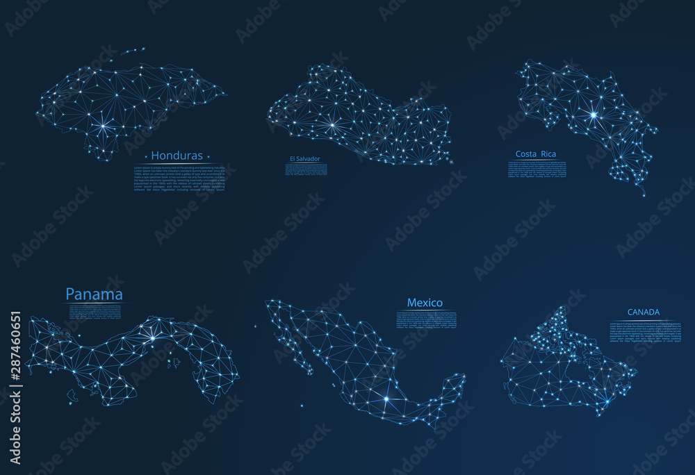 Poster map of communication networks of 6 countries in north america. a vector image of a poly global map w
