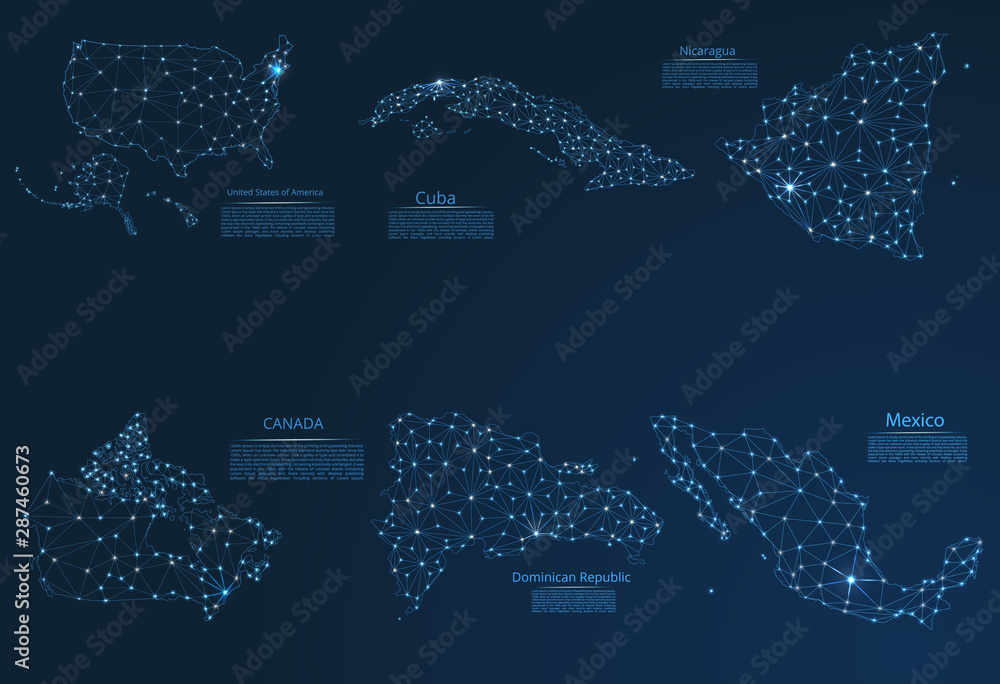 Poster map of communication networks of 6 countries in north america. a vector image of a poly global map w