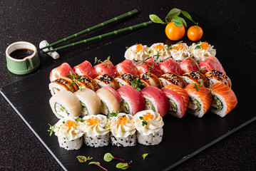 sushi set on the black background