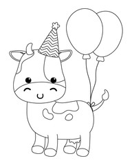 Cow cartoon with happy birthday icon design