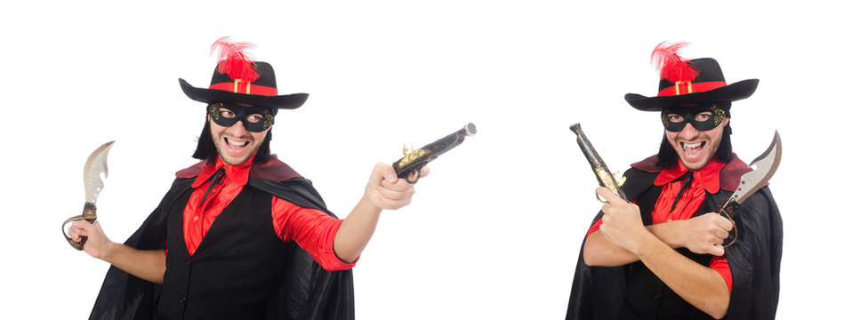 Young man in carnival coat with gun isolated on white