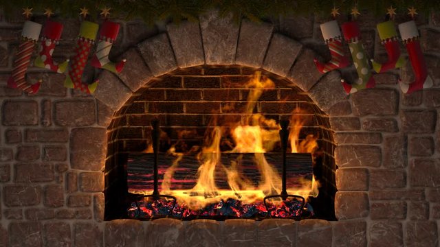 Christmas fireplace with Yule Log. Burning Yule Log in fireplace decorated with christmas stockings. Seamless looping.