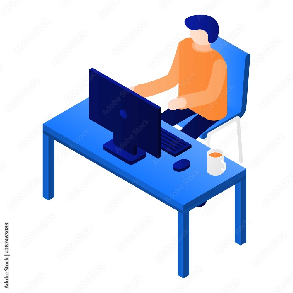 Poster man office work icon. isometric of man office work vector icon for web design isolated on white back