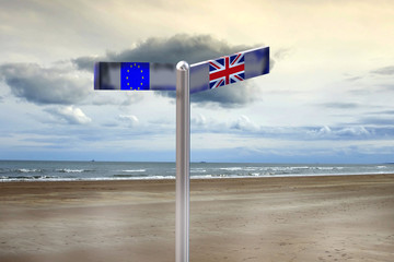 Brexit concept. Directional sign with EU and UK flags against sea and sky background. 3D render.