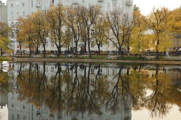 Autumn in the city. Autumn trees are reflected in the water