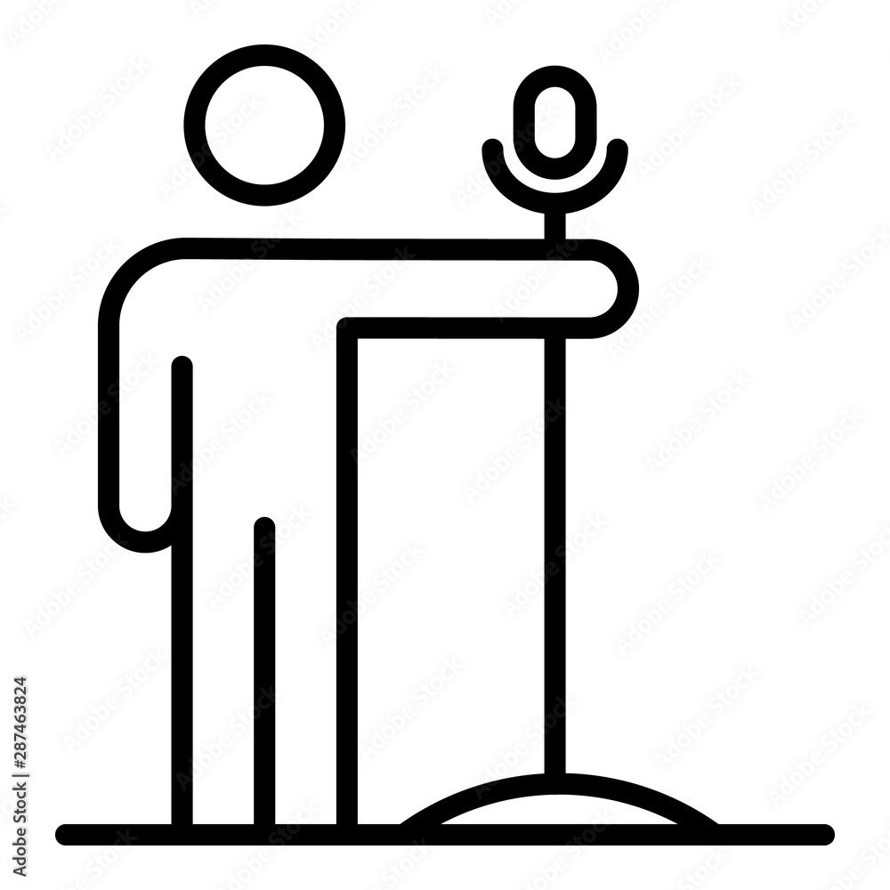 Poster guy with a microphone icon. outline guy with a microphone vector icon for web design isolated on whi