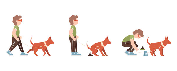 Man cleaning after dog. Dog is pooping. Male character walking with dog on leash. Set of vector illustrations