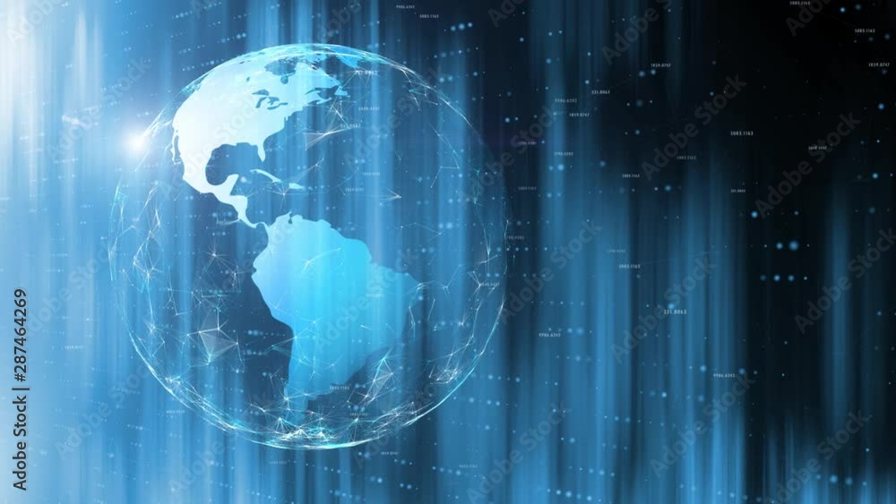 Poster Shiny earth globe on digital computer network background.