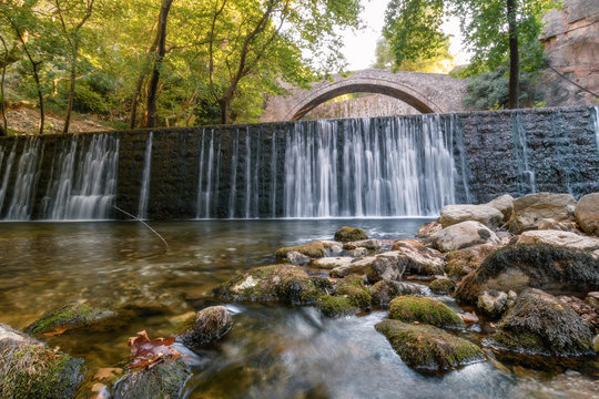 The stone bridge and waterfall of Palaiokaria near Trikala, Greece