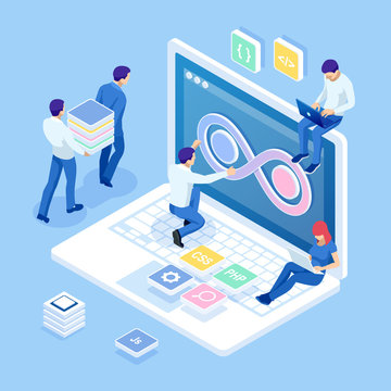 Isometric technology process of Software development. Web development and coding. Cross platform development website.