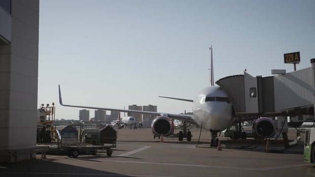 Airport view with airplanes and service vehicles. Passenger plane in the airport . Aircraft maintenance. Travel and industry concepts.