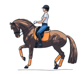 Vector illustration of a rider and horse execute the piaffe.