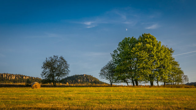Trees and hilly rocky mountains, peaceful landscape of Table Mountains, Poland