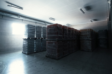 Modern warehouse interior inside, goods and cargo in half empty storage or storehouse