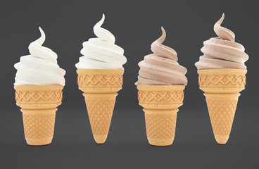 Ice cream in waffle cones with chocolate and vanilla flavors. Natural italian gelato ice-cream deserts with crispy cone. Refreshing cold sweet food. Clipping path included. 3d rendered illustration.