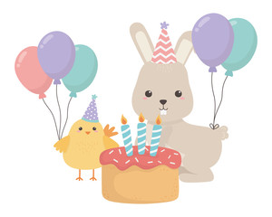 Obraz na płótnie Canvas Rabbit and chicken with happy birthday icon design