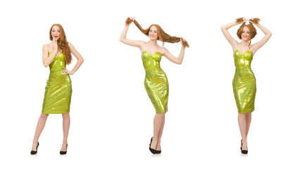 Fototapeta na wymiar Red hair girl in sparkling green dress isolated on white