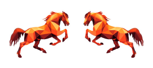 amber color, prancing horse,  isolated image on a white background in the style of low Poly 	 