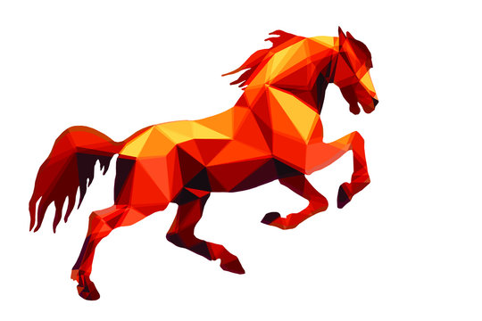 amber color, prancing horse, vector-isolated image on a white background in the style of low poly 	 