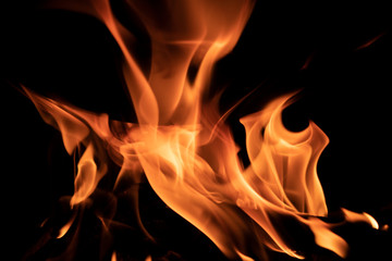 Сooking on a cauldron on a fire. Flames of fire in the dark.