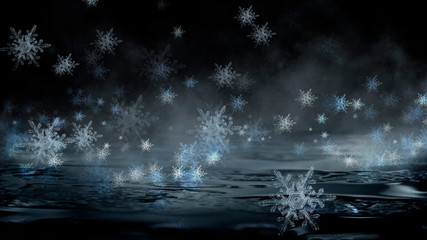 Empty dark, winter scene with snowflakes, winter dark background. Abstract snow, blizzard. Abstract light, rays, snow. Winter night.