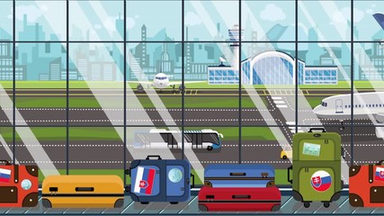 Baggage with Slovak flag stickers on carousel in airport. Travel to Slovakia related loopable cartoon animation