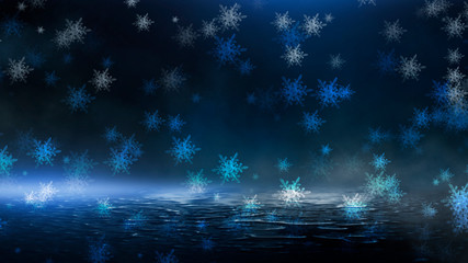 Empty dark, winter scene with snowflakes, winter dark background. Abstract snow, blizzard. Abstract light, rays, snow. Winter night.