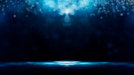 Empty dark, winter scene with snowflakes, winter dark background. Abstract snow, blizzard. Abstract light, rays, snow. Winter night.