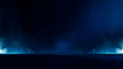 Empty dark, winter scene with snowflakes, winter dark background. Abstract snow, blizzard. Abstract light, rays, snow. Winter night.