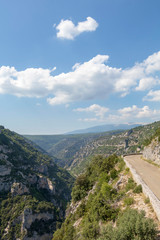 Fototapeta na wymiar Empty road in the Canyon Gorges de la Nesque, gray cliffs with green forest in summer sunny day in Provence, South France