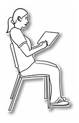Female student sitting on a chair with a tablet, isolated over a white background
