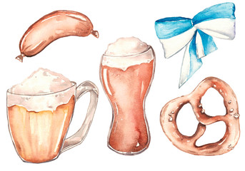 Watercolor illustration of a set of mugs of dark and light beer, Oktoberfest ribbons, sausage and...