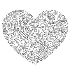 Hand drawn set of Bathroom cartoon doodle objects