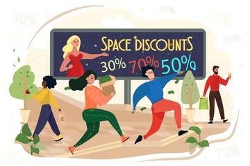 People Run with Bags in Hands. Advertising Board with Inscription Space Discounts. Digital Marketing. Vector Illustration. Teamwork. People Rush to Sale. Women with Box and Package in Hand.