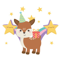 Reindeer cartoon with happy birthday icon design