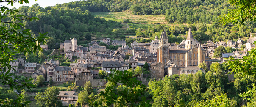 panoramic view of  Conques, France. Old medieval village.