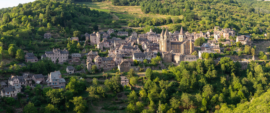 panoramic view of  Conques, France. Old medieval village.