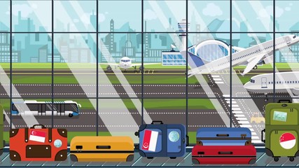 Suitcases with Singaporean flag stickers on baggage carousel in airport. Tourism in Singapore related loopable cartoon animation