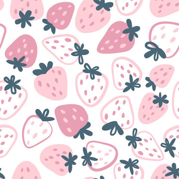 Strawberry vector seamless pattern. Berries in a simple hand-drawn Scandinavian style. Illustration in limited pastel colors ideal for printing on fabric, wrapping paper.