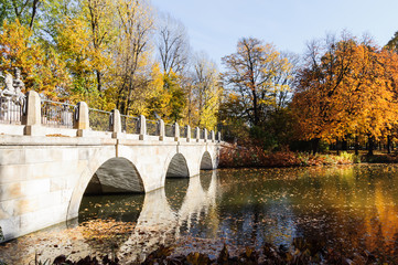 Bridge in Lazienki park during autumn season, Warsaw