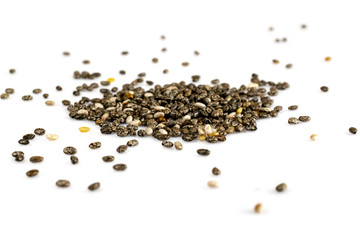 Organic Chia Seed, super food over white background. Healthy breakfast, vitamin snack, diet.