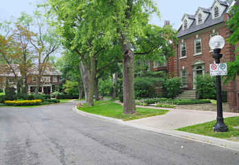 Tree-lined residential street with large brick detached houses