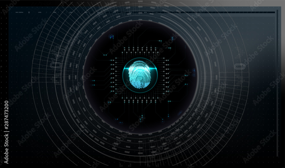Poster fingerprint scanning on circuit board vector illustration. abstract technology background. cyber sec