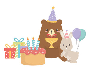 Bear and rabbit with happy birthday icon design