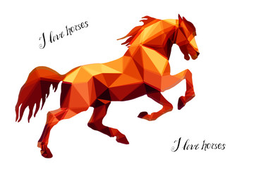 amber color, prancing horse, isolated image on a white background in the style of low Poly and lettering	 