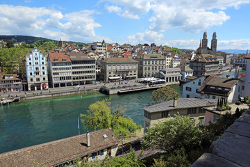 The Limmat river running through the historic section of Zurich, Switzerland.
