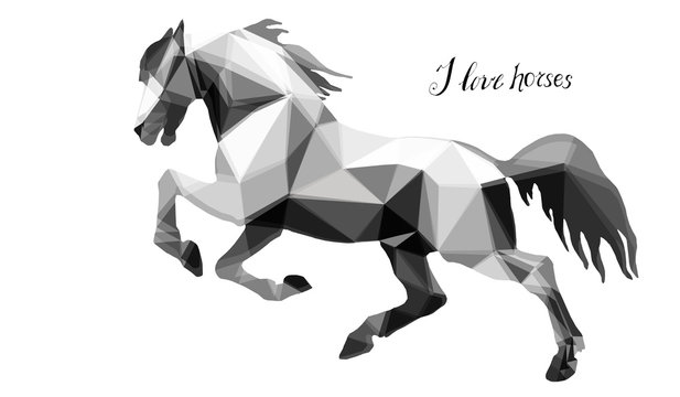 prancing horse, isolated image on a white background in the style of low poly and lettering	 